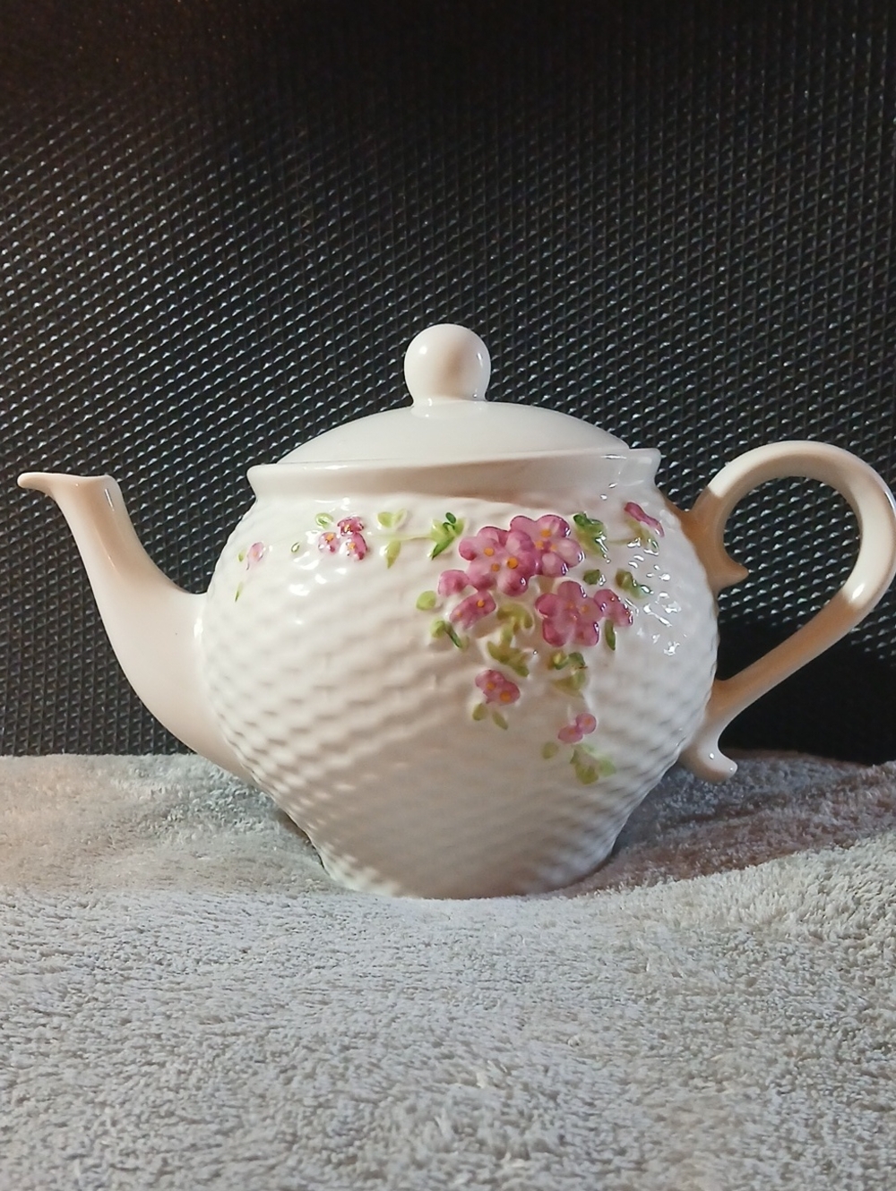 Vintage 1985 Teleflora White Ceramic Floral Teapot with Pink Blossoms